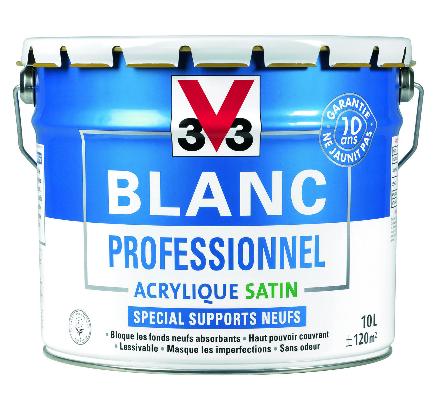 Peinture Blanc Professionnel murs/plafond/boiserie satin 10L - V33