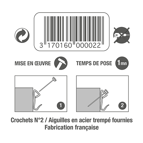 10 crochets acier n° 2 pour tableaux et cadres - LE CROCHET FRANÇAIS