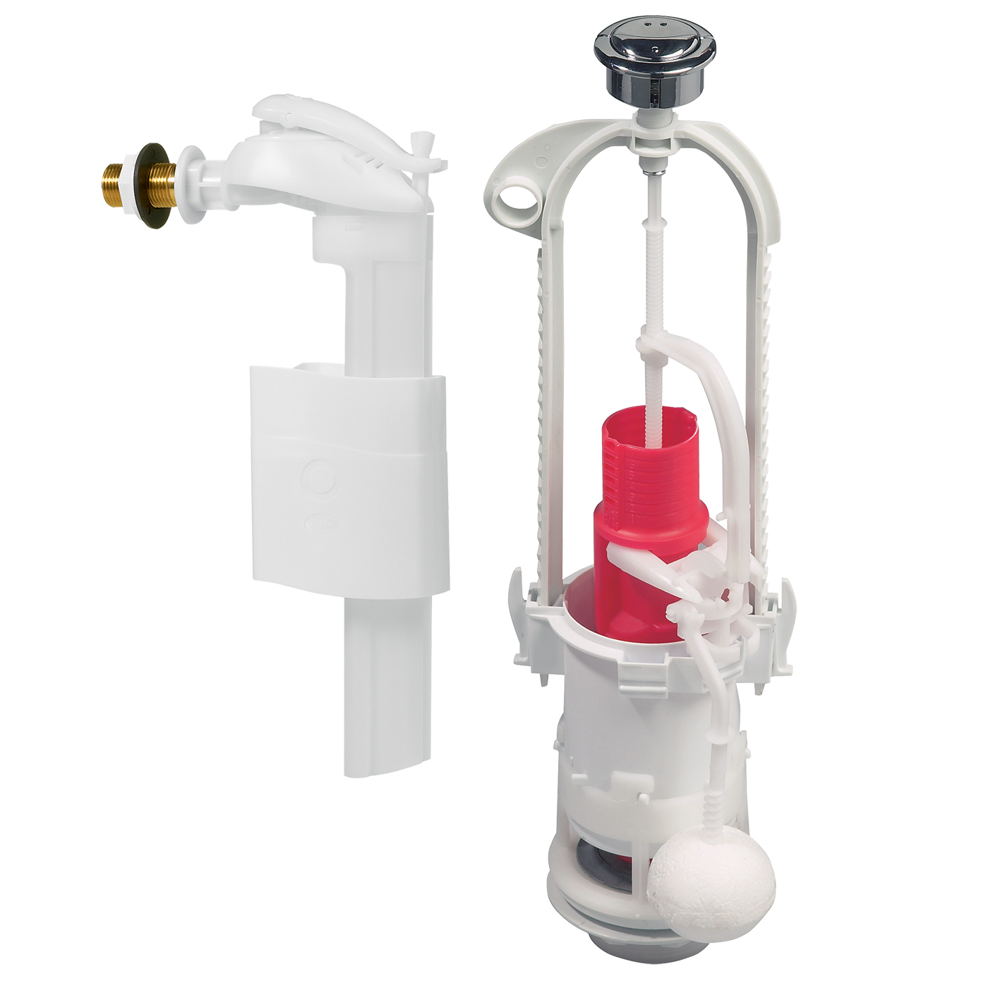 Mécanisme de chasse double poussoir à étrier + robinet flotteur servo-valve