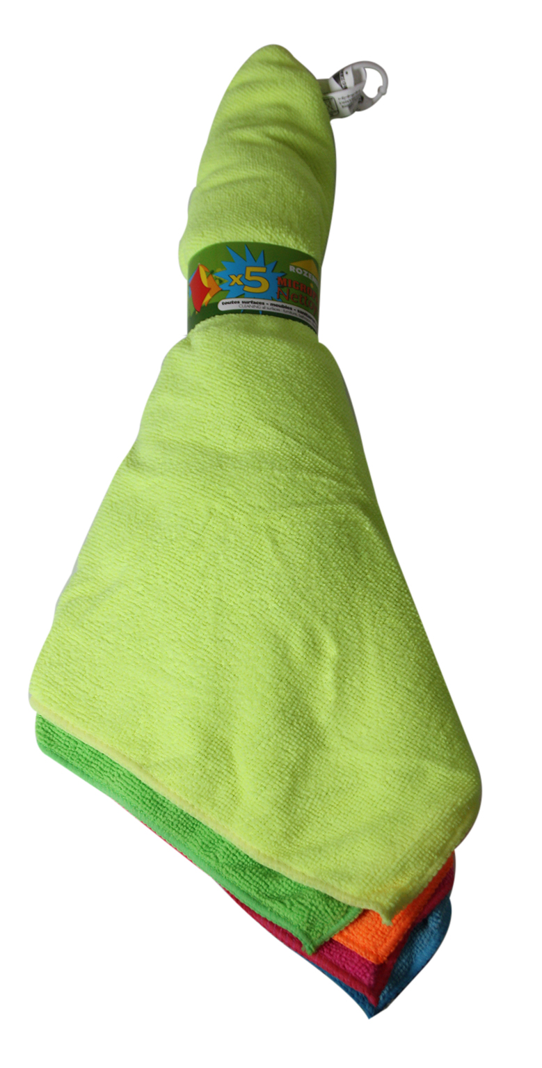 Lot de 5 lavettes microfibre couleurs, 38x40 cm, présentées sur un anneau
