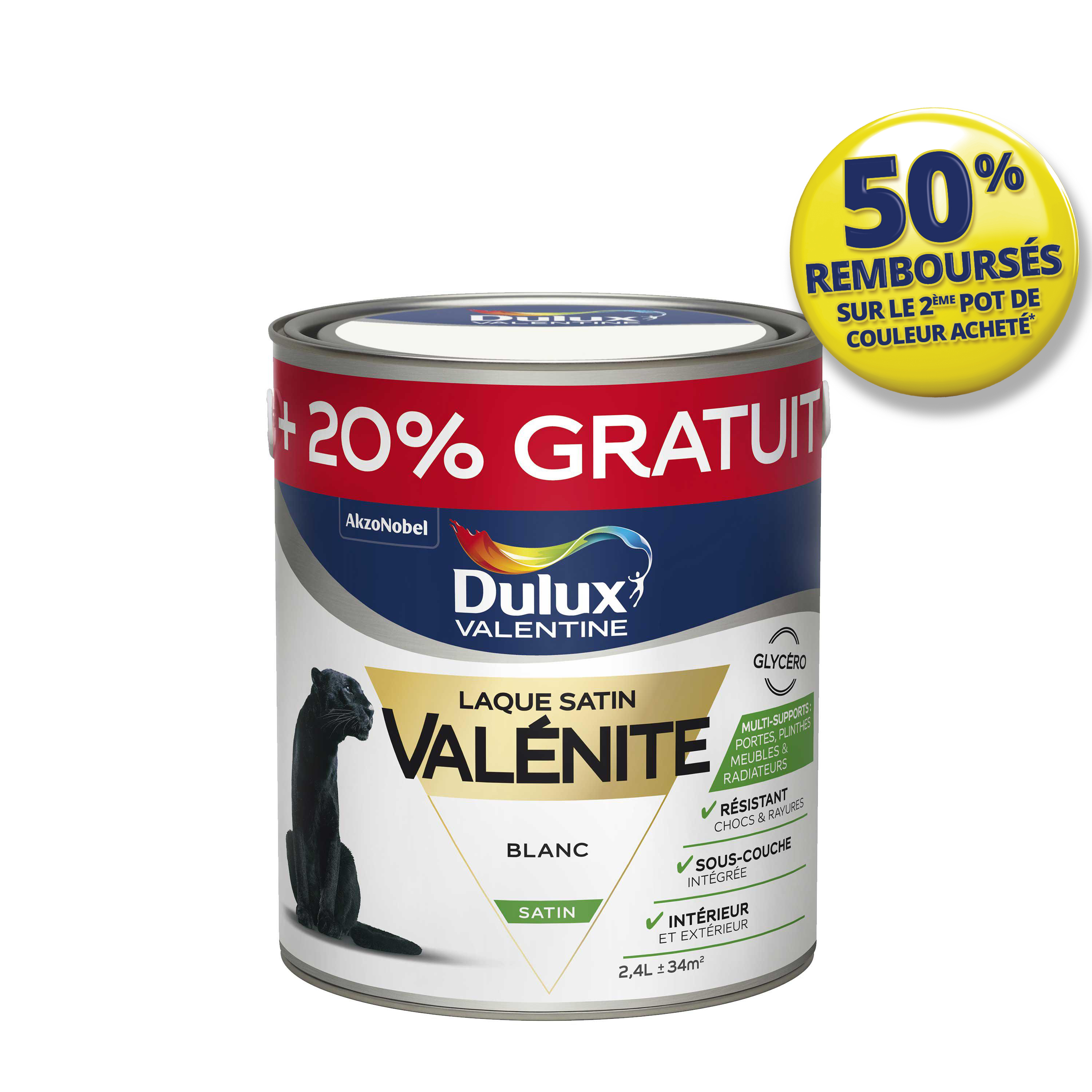 Peinture Laque Bois Fer Valénite Blanc Satin 2L+20% - DULUX VALENTINE