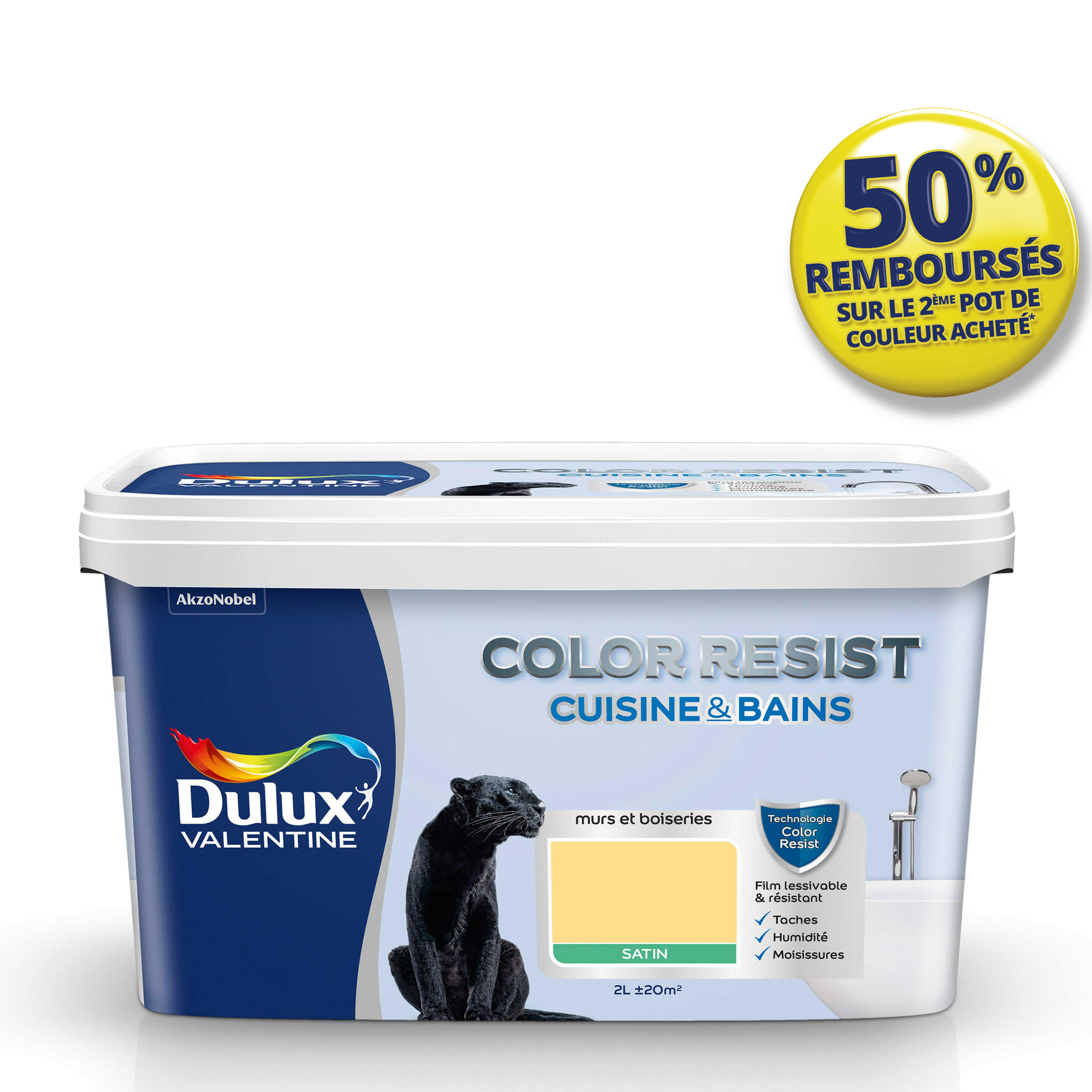 Peinture Pièces Humides Color Resist Cuisine & Bains Jaune Frais Satin 2L - DULUX VALENTINE