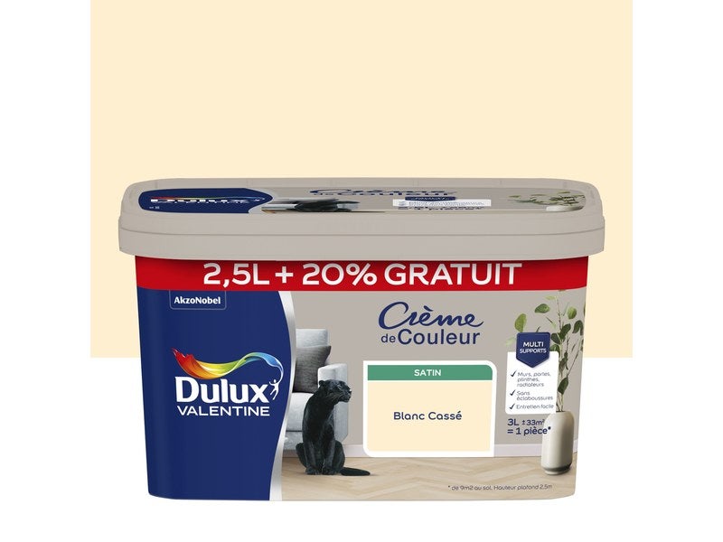 Peinture Crème de couleur satin blanc cassé 2,5L + 20% gratuits - DULUX VALENTINE