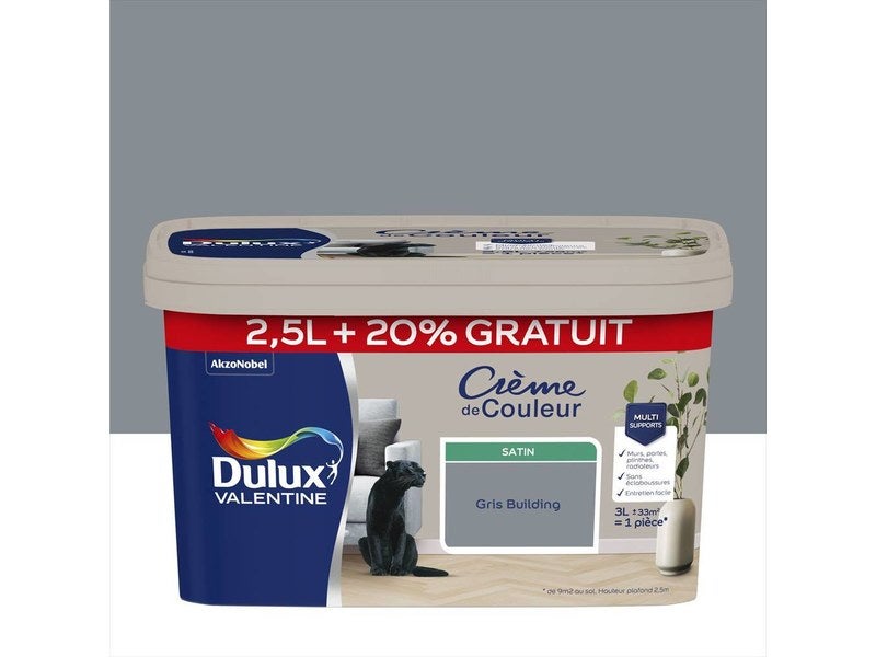 Peinture Crème de couleur satin gris building 2,5L + 20% gratuits - DULUX VALENTINE