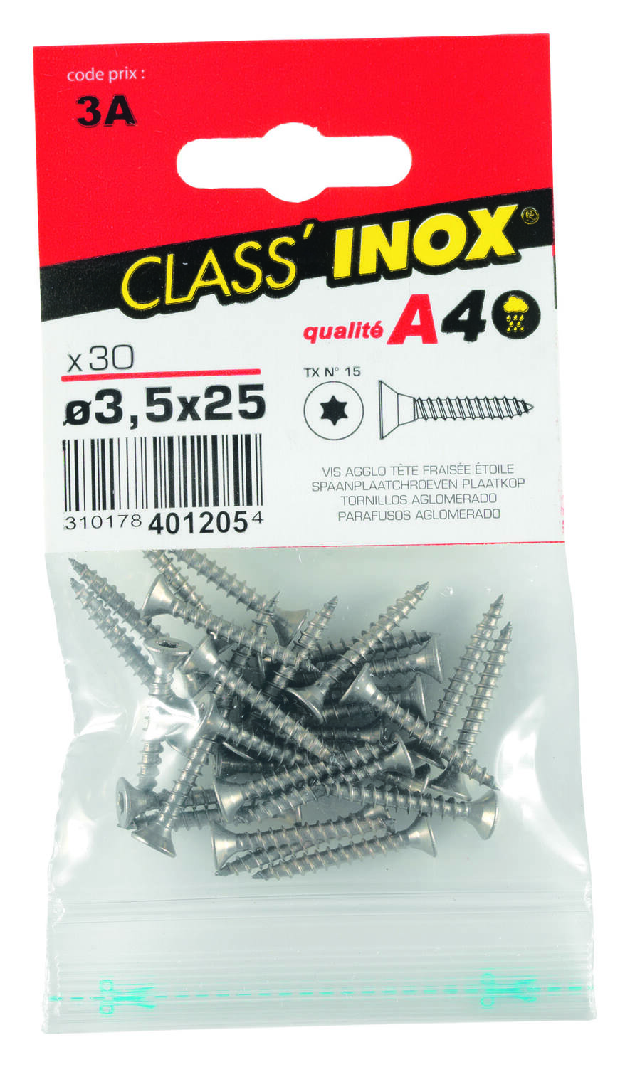 30 Vis agglo tête fraisée étoile inox A4 3,5x25 - CLASS'INOX
