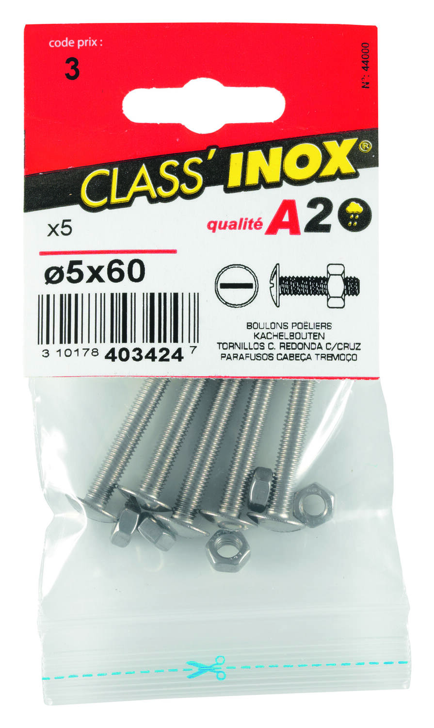 5 boulons poeliers inox A2 5x60 - CLASS'INOX