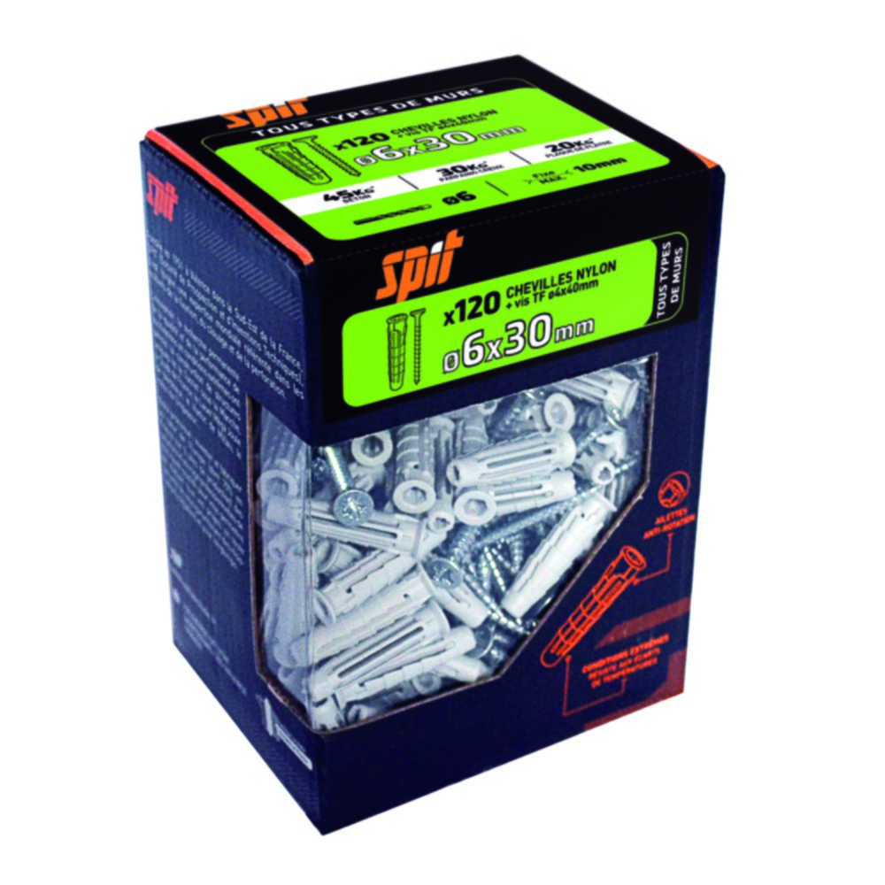 120 chevilles nylon universelles Ø6x30mm + vis TF Ø4x40mm - SPIT