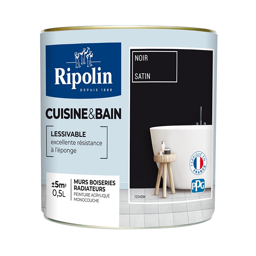 Peinture Cuisines et bains satin noir 0,5L  - RIPOLIN