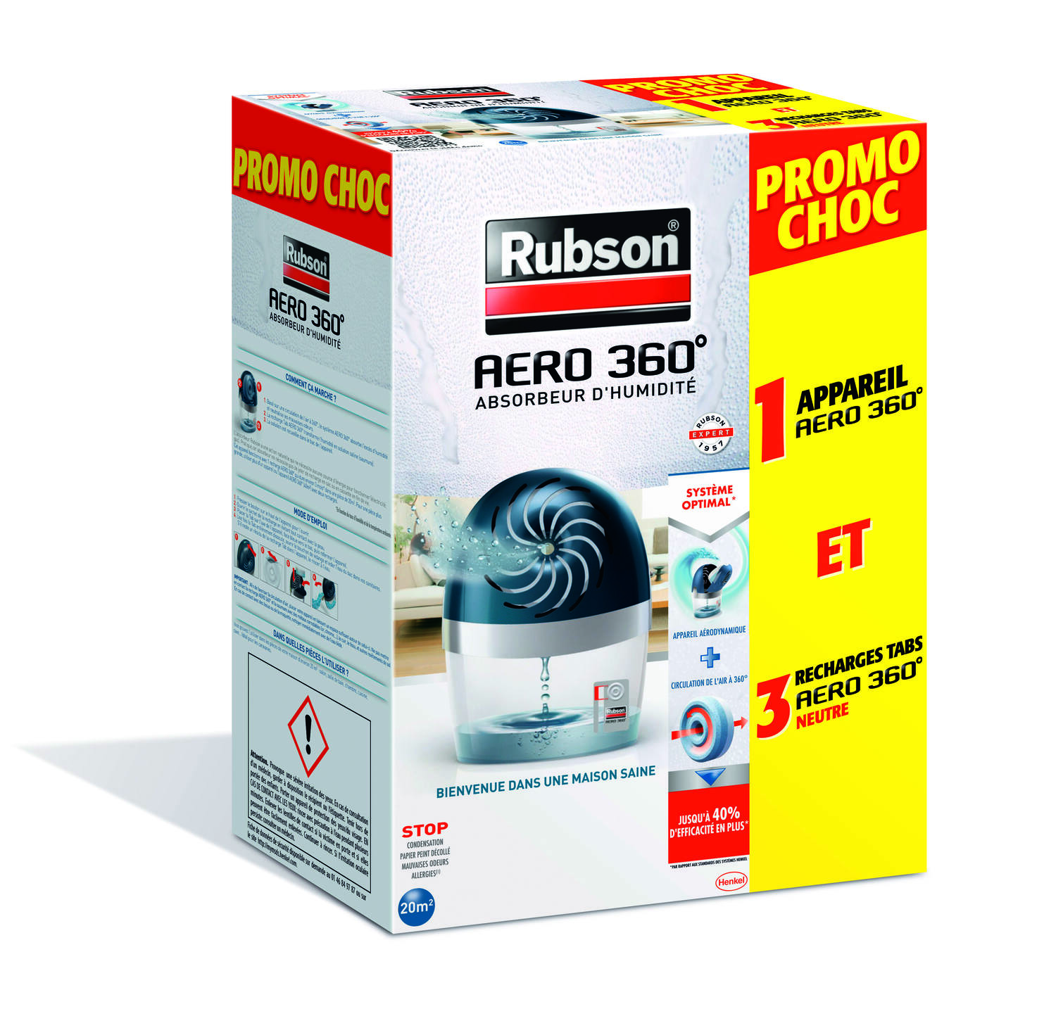 Absorbeur Humidité Aero 360° 20m² + 3 Recharges - RUBSON
