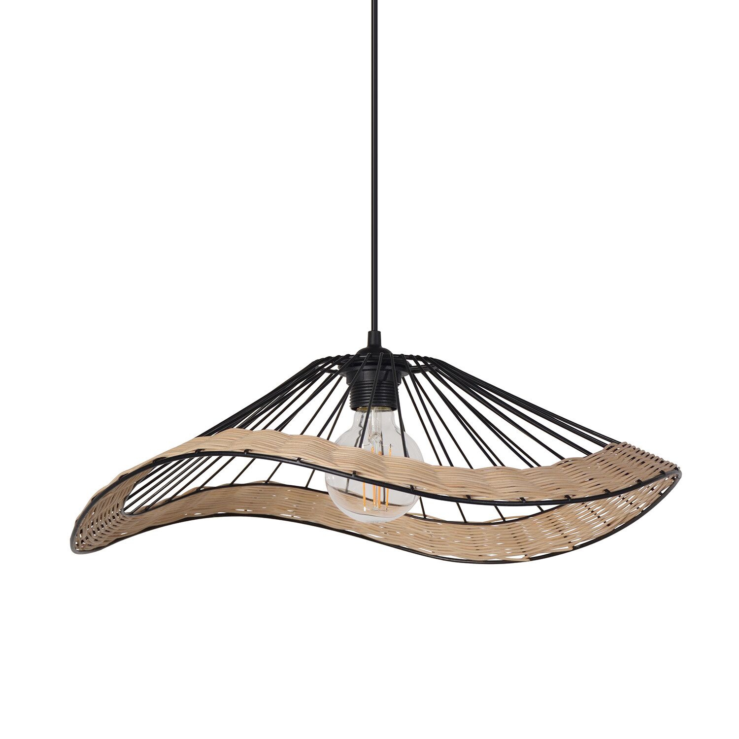 Suspension conique Mekong métal filaire/Rotin Tressé Noir/Naturel Ø48cm - COREP