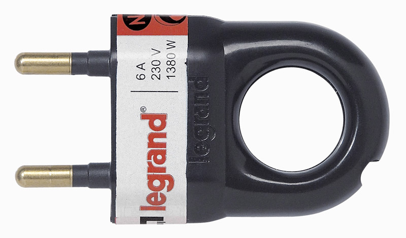 Fiche plastique 2P 6A avec anneau d'extraction noir - LEGRAND