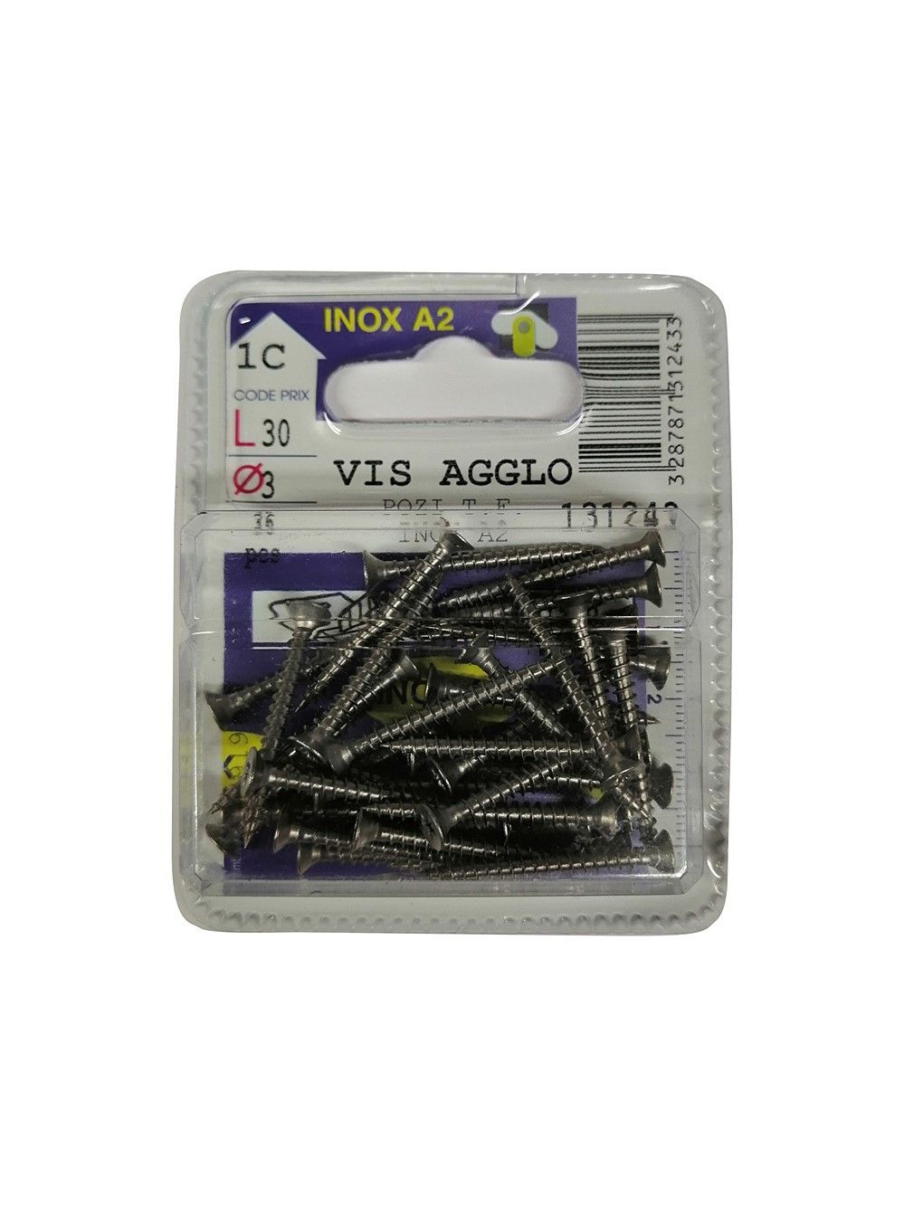 Vis agglo pozidriv tête fraisée inox A2 L.30 ø3mm