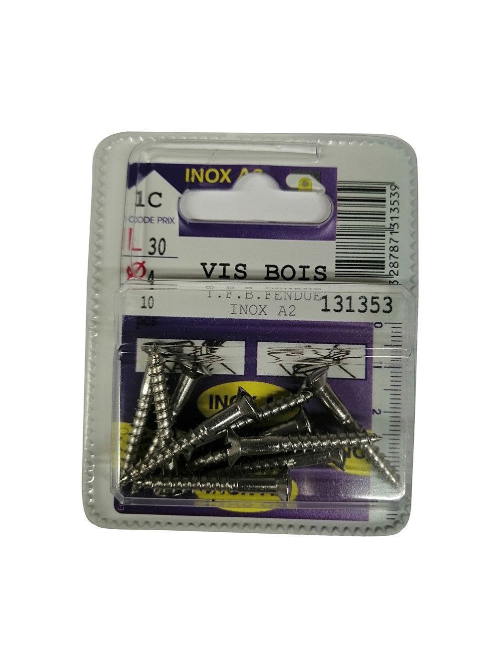 Vis bois tête fraisée bombée fendue inox A2 L.30 ø4mm - Les 10 pièces