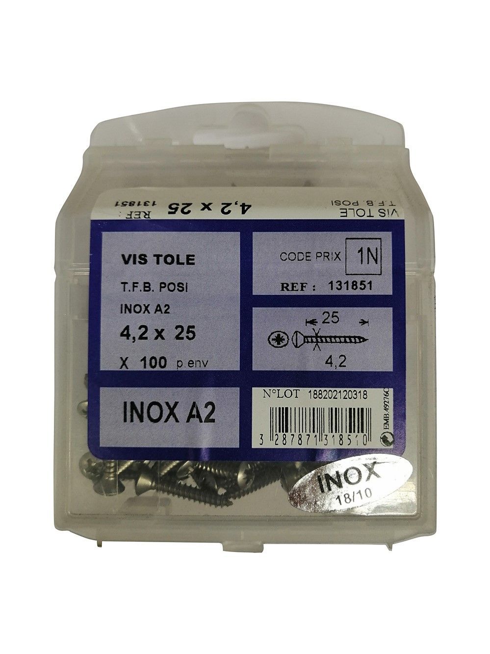Vis tôle tête fraisée bombée pozidriv inox A2 L.25 ø4,2mm - Les 100 pièces