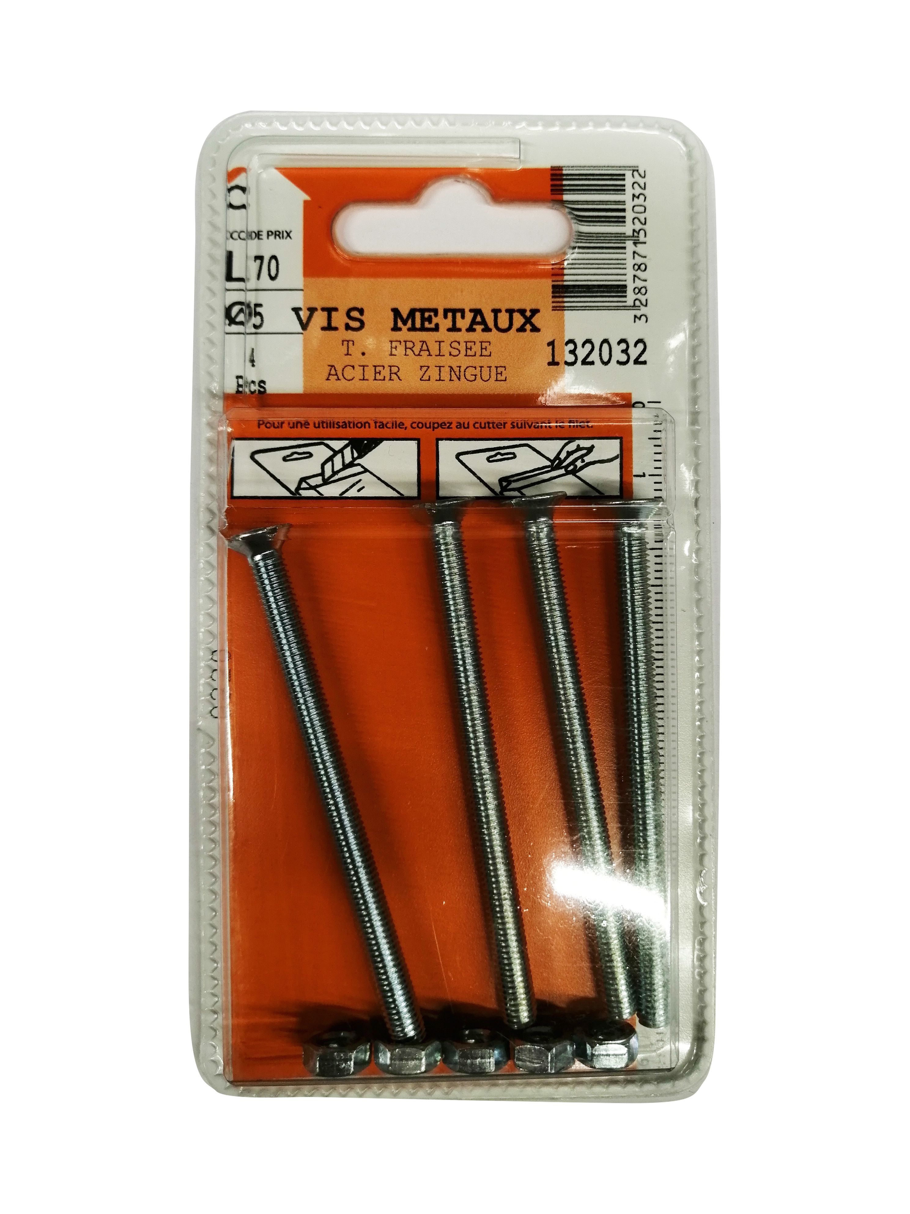 Vis métaux tête fraisée acier zingué L.70 ø5mm - Les 4 pièces