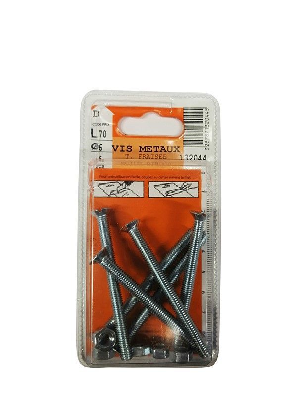 Vis métaux tête fraisée acier zingué L.70 ø6mm - Les 6 pièces