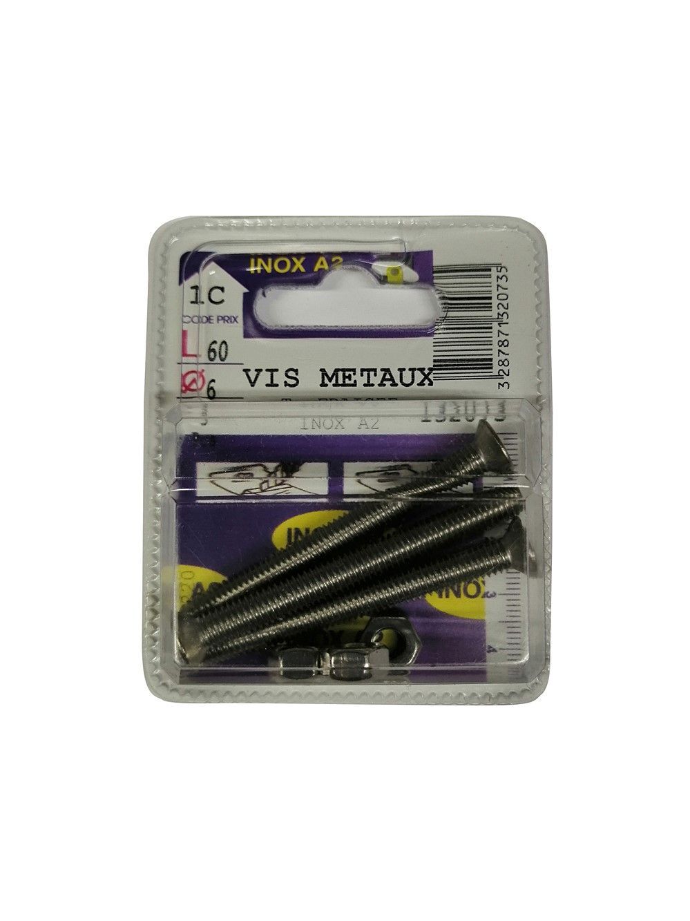 Vis métaux tête fraisée inox A2 L.60 ø6mm - Les 3 pièces