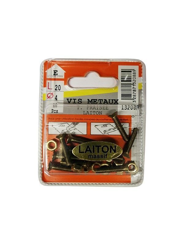 Vis métaux tête fraisée laiton L.20 ø4mm - Les 10 pièces