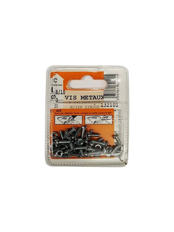Vis métaux tête cylindrique acier zingué L.8/10 ø3mm - Les 25 pièces