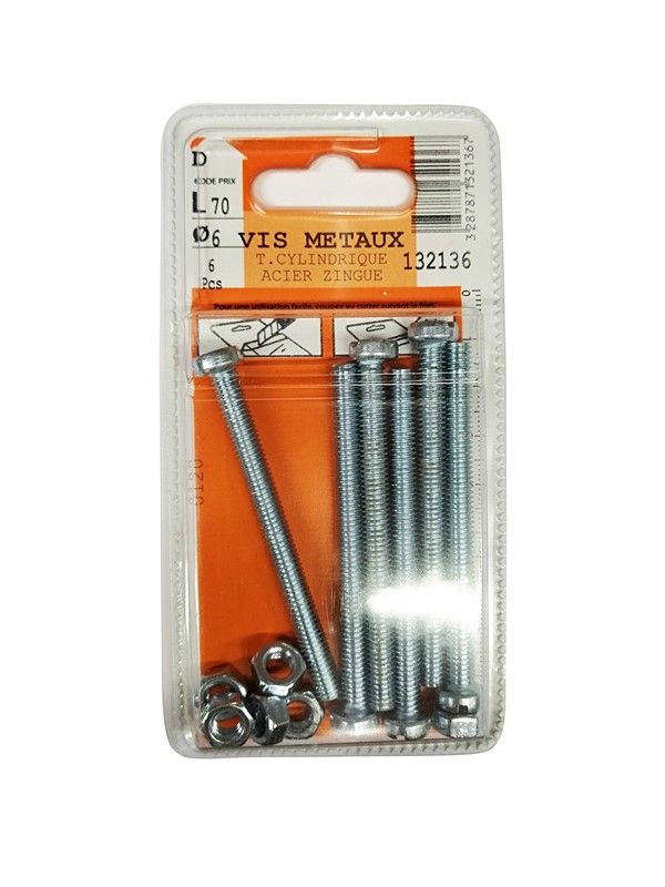 Vis métaux tête cylindrique acier zingué L.70 ø6mm - Les 6 pièces