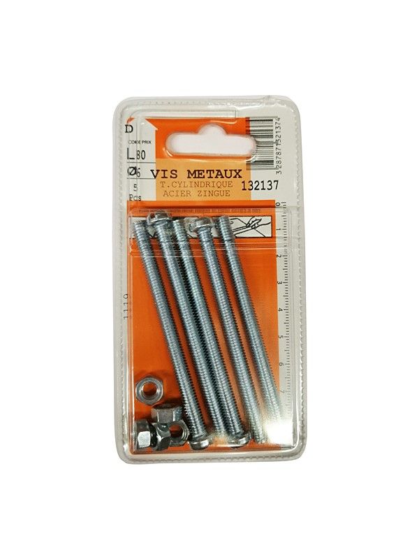 Vis métaux tête cylindrique acier zingué L.80 ø6mm - Les 5 pièces