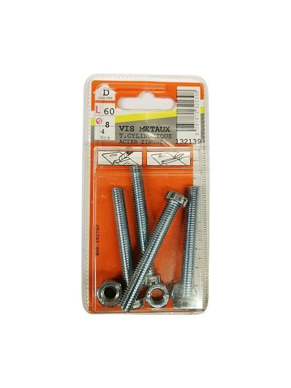 Vis métaux tête cylindrique acier zingué L.60 ø8mm - Les 4 pièces