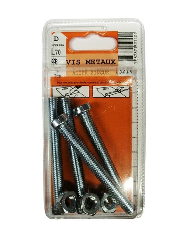 Vis métaux tête cylindrique acier zingué L.70 ø8mm - Les 4 pièces