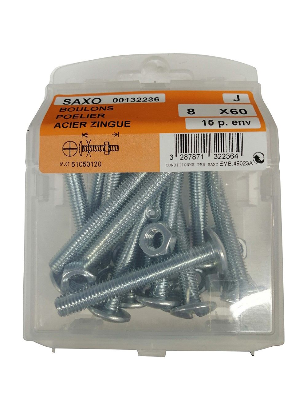 Boulons poêlier acier zingué 8x60mm - Les 15 pièces