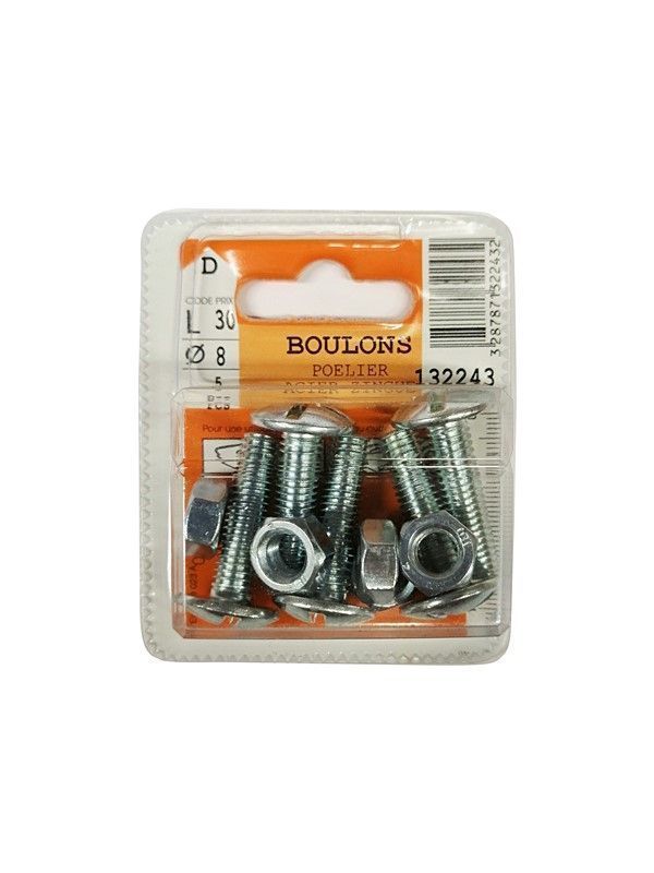 Boulons poêlier acier zingué L.30 ø8mm - Les 5 pièces