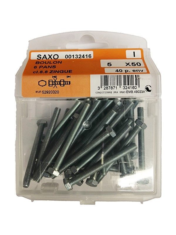 Boulon 6 pans acier zingué L.50 ø5mm - Les 40 pièces