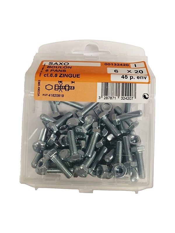 Boulon 6 pans acier zingué L.20 ø6mm - Les 45 pièces