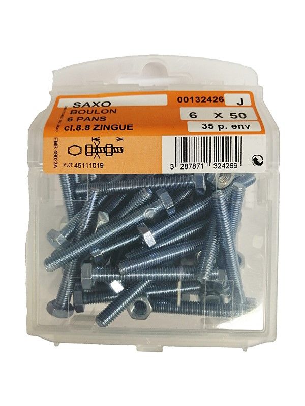 Boulon 6 pans acier zingué L.50 ø6mm - Les 35 pièces