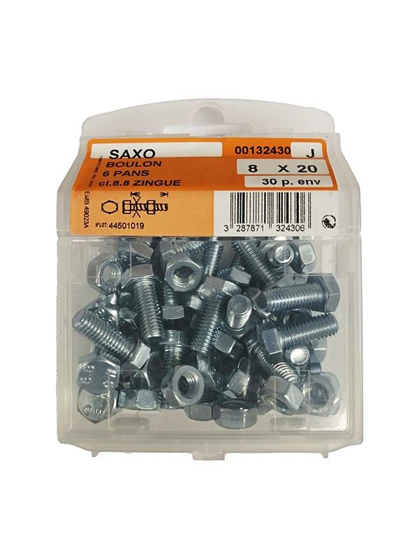 Boulon 6 pans acier zingué L.20 ø8mm - Les 30 pièces