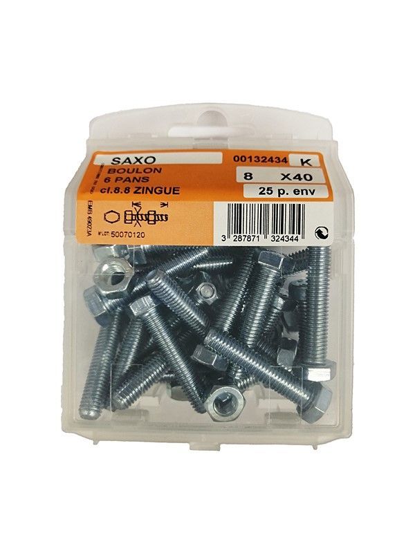 Boulon 6 pans acier zingué L.40 ø8mm - Les 25 pièces