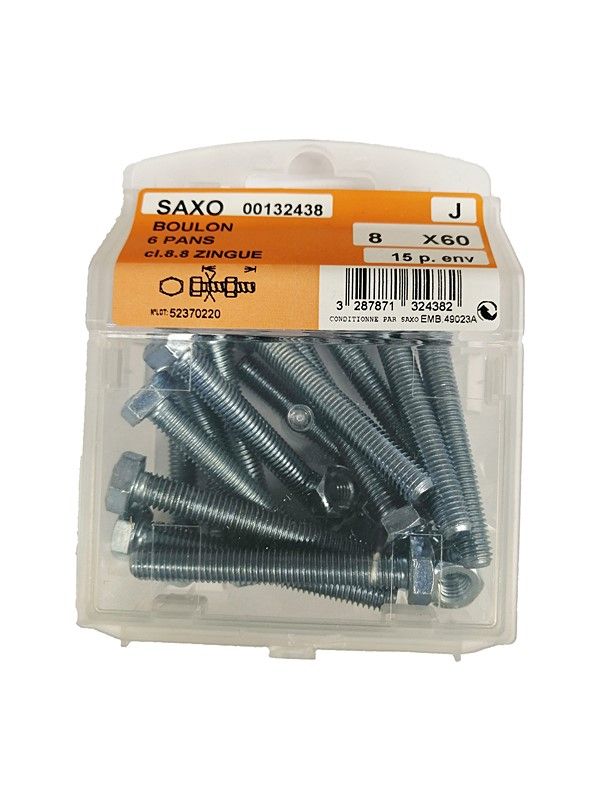 Boulon 6 pans acier zingué L.60 ø8mm - Les 15 pièces