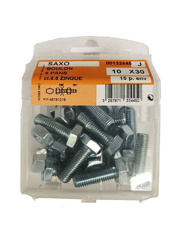 Boulon 6 pans acier zingué L.30 ø10mm - Les 15 pièces