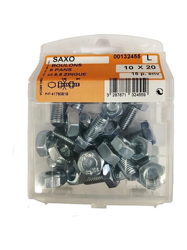 Boulon 6 pans acier zingué L.20 ø10mm - Les 15 pièces