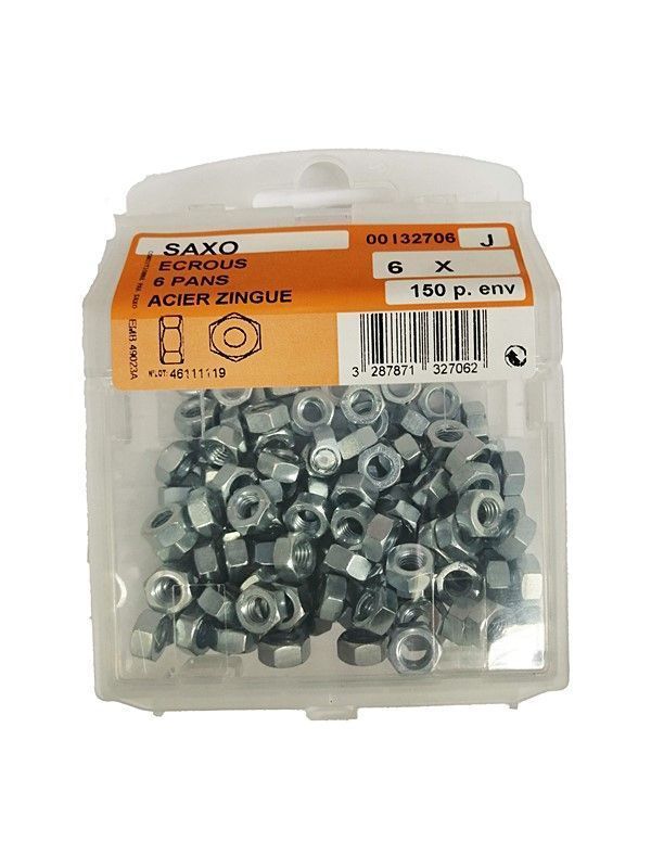 Ecrous 6 pans acier zingué 6mm - Les 150 pièces