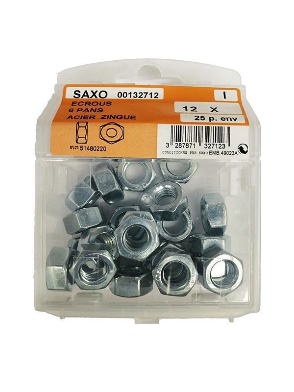 Ecrous 6 pans acier zingué 12mm - Les 25 pièces