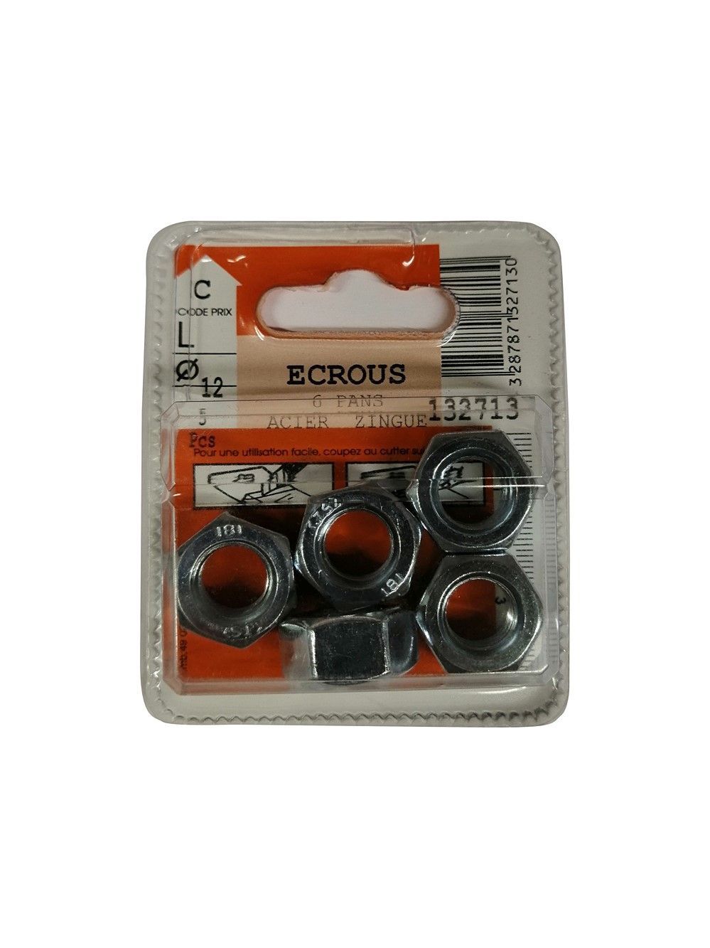 Ecrous 6 pans acier zingué ø12mm - Les 5 pièces