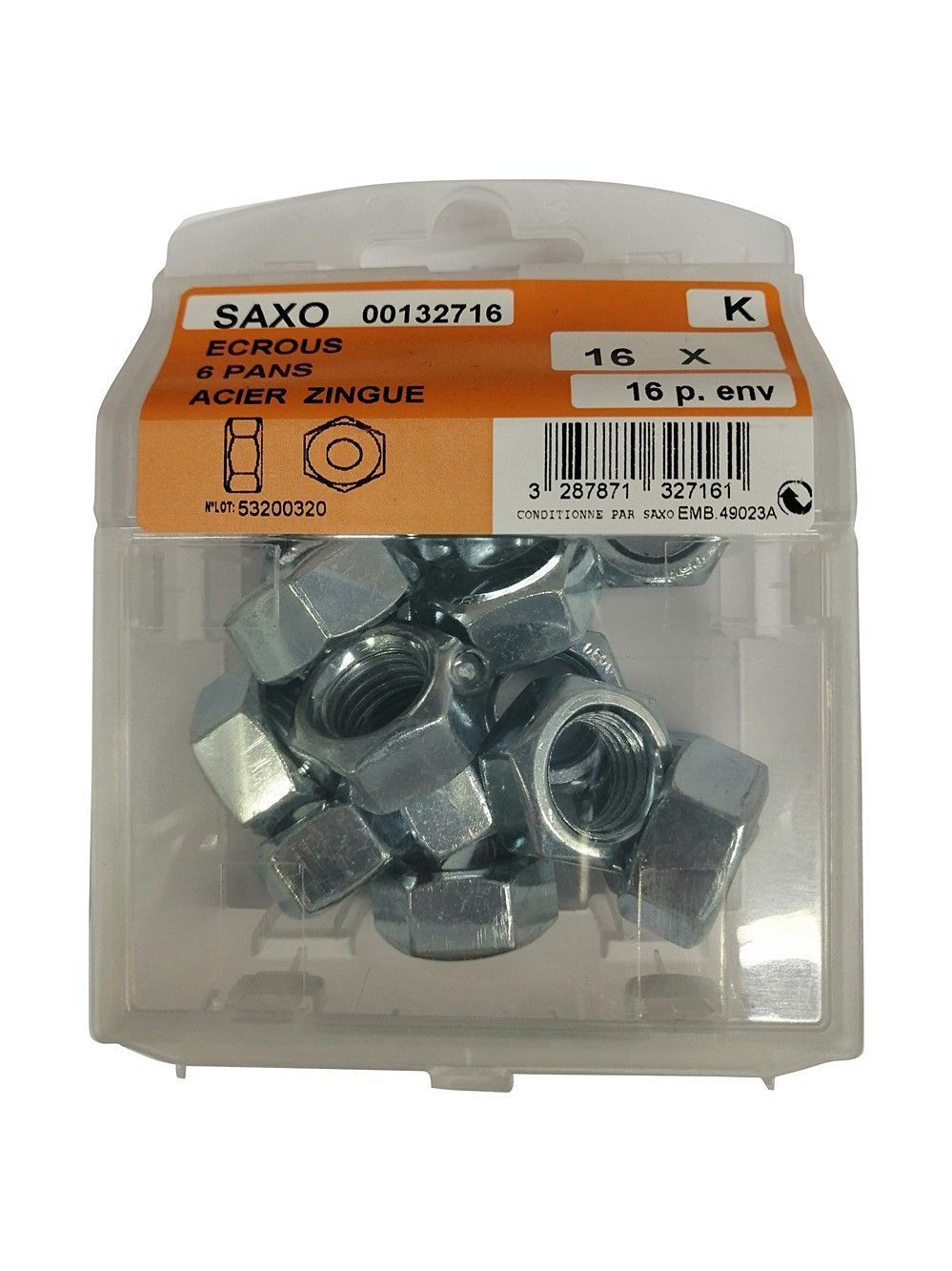 Ecrous 6 pans acier zingué ø16mm - Les 16 pièces