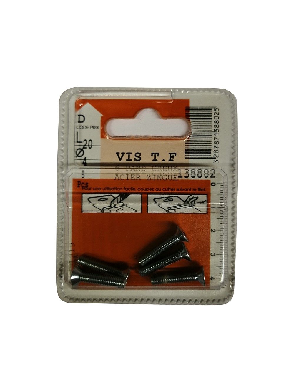 Vis tête fraisée 6 pans creux acier zingué L.20 ø4mm - Les 5 pièces