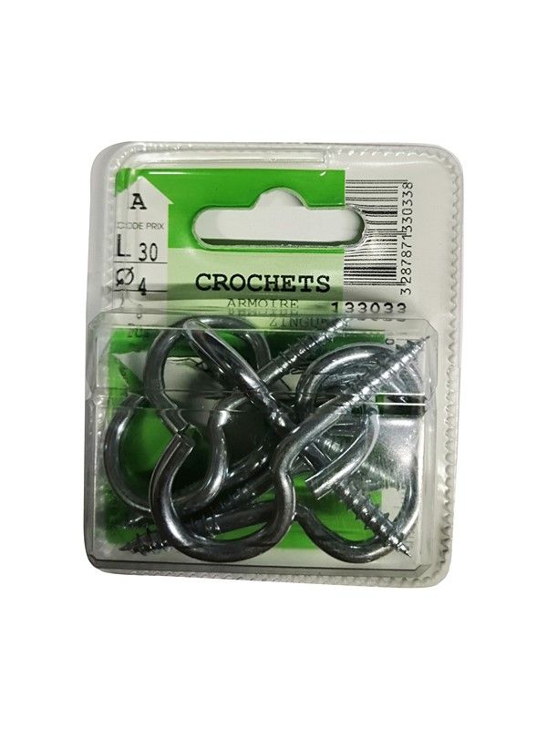 Crochets armoire acier zingué L.30 ø4mm - Les 8 pièces