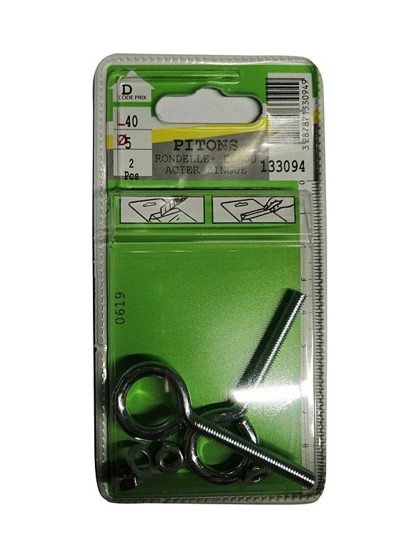 Pitons rondelle + écrou acier zingué L.40 ø5mm - Les 2 pièces