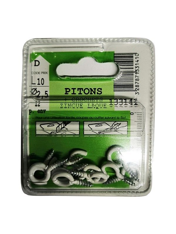 Piton + crochets zingué laqué L.10 ø2,5mm - Les 12 pièces