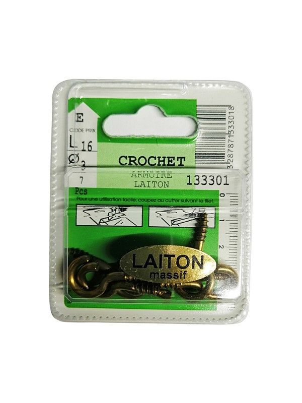 Crochets armoire laiton L.16 ø3mm - Les 7 pièces