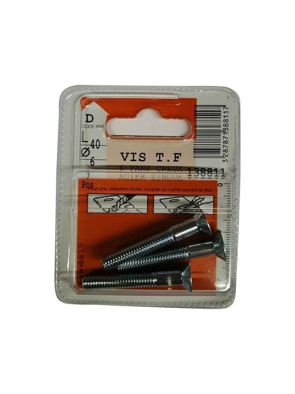 Vis tête fraisée 6 pans creux acier zingué L.40 ø6mm - Les 3 pièces