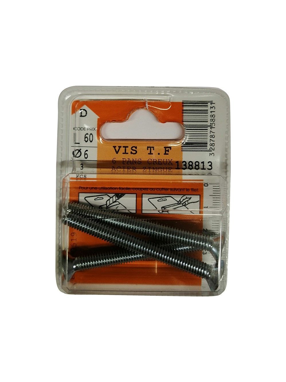 Vis tête fraisée 6 pans creux acier zingué L.60 ø6mm - Les 3 pièces