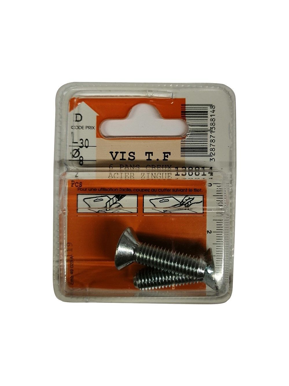 Vis tête fraisée 6 pans creux acier zingué L.30 ø8mm - Les 2 pièces