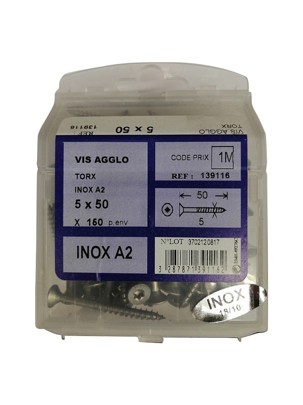 Vis agglo torx inox A2 L.50 ø5 - Les 150 pièces